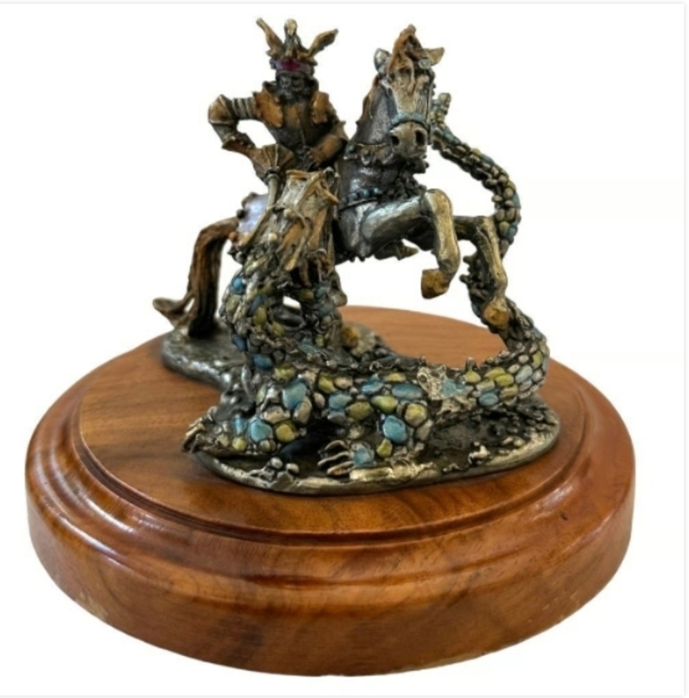 Vintage St. George Fighting the Dragon Bronze Statue Warrior Figurine Wood Base - Picture 7 of 11